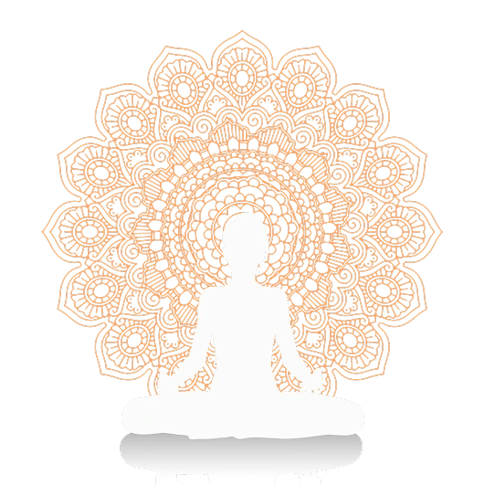 Ilustración de una silueta en postura de meditación con un mándala detallado de fondo.