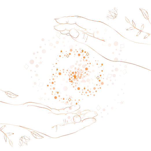 Ilustración de dos manos esbozadas con líneas finas, de las cuales emanan y se agrupan partículas brillantes, estrellas y formas geométricas.